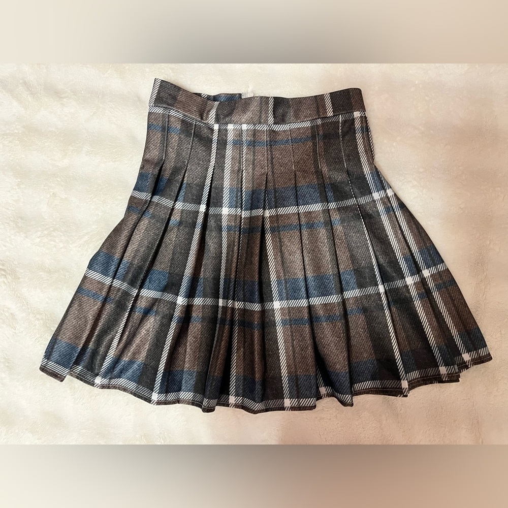 Plaid Pleated Skirt - Brown and Blue